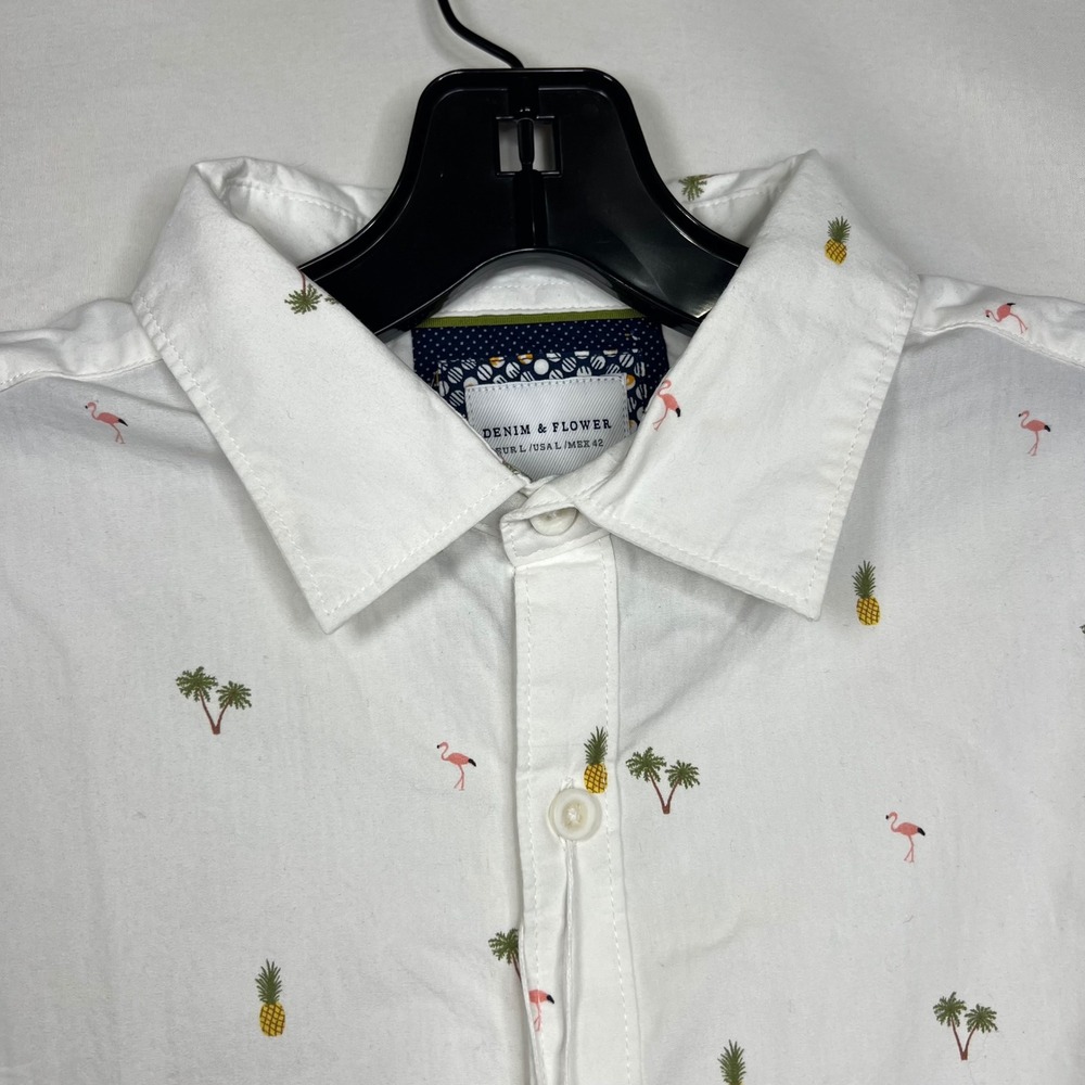 NWT Denim & Flower Tropical Button Down Mens L Slim‎ Fit White Pineapple Palm